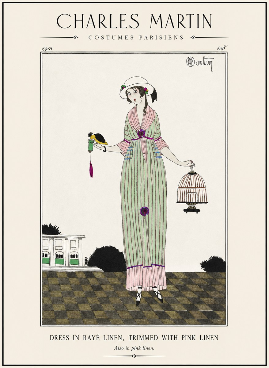 Charles Martin Dress in Rayé Linen, Trimmed with Pink Linen No1 - Póster