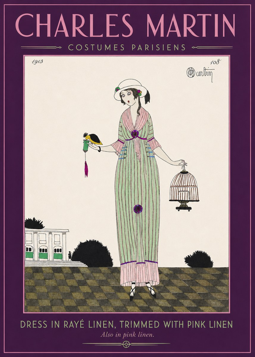 Charles Martin Dress in Rayé Linen, Trimmed with Pink Linen No2 - Póster