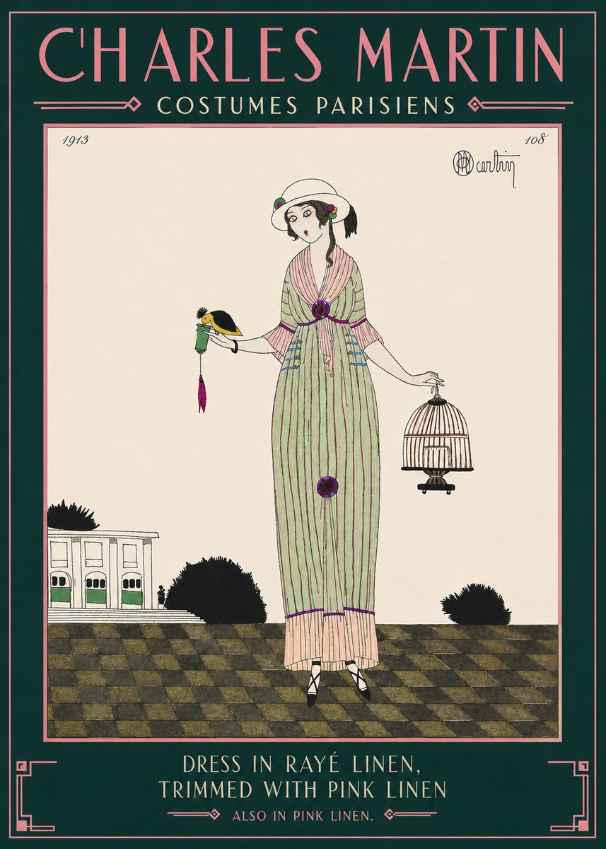 Charles Martin Dress in Rayé Linen, Trimmed with Pink Linen No4 - Póster