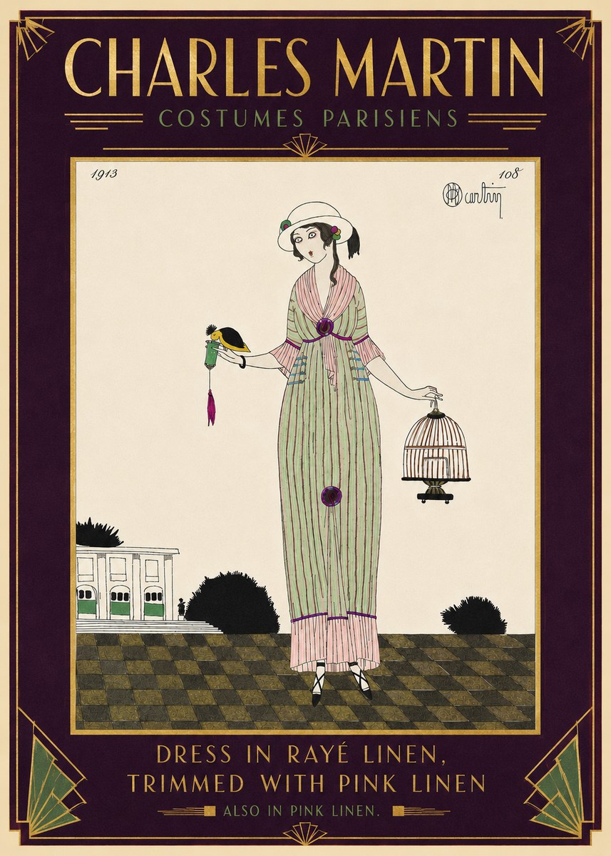 Charles Martin Dress in Rayé Linen, Trimmed with Pink Linen No5 - Póster