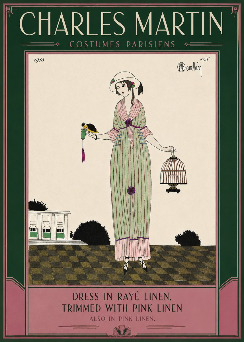 Charles Martin Dress in Rayé Linen, Trimmed with Pink Linen No6 - Póster