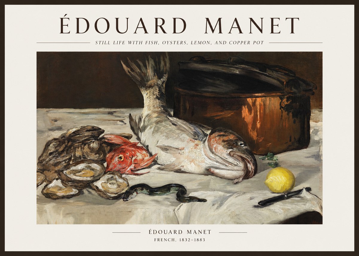 Édouard Manet Still Life with Fish, Oysters, Lemon, and Copper Pot No1 - Póster