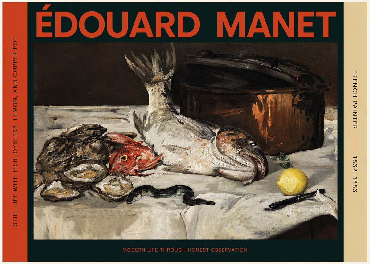 Édouard Manet Still Life with Fish, Oysters, Lemon, and Copper Pot No2 - Póster