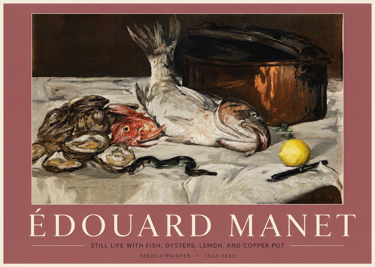 Édouard Manet Still Life with Fish, Oysters, Lemon, and Copper Pot No3 - Póster