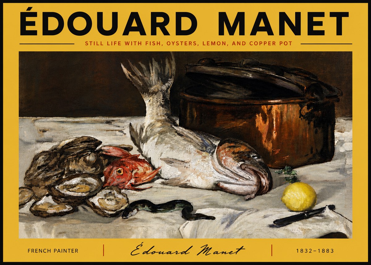 Édouard Manet Still Life with Fish, Oysters, Lemon, and Copper Pot No6 - Póster