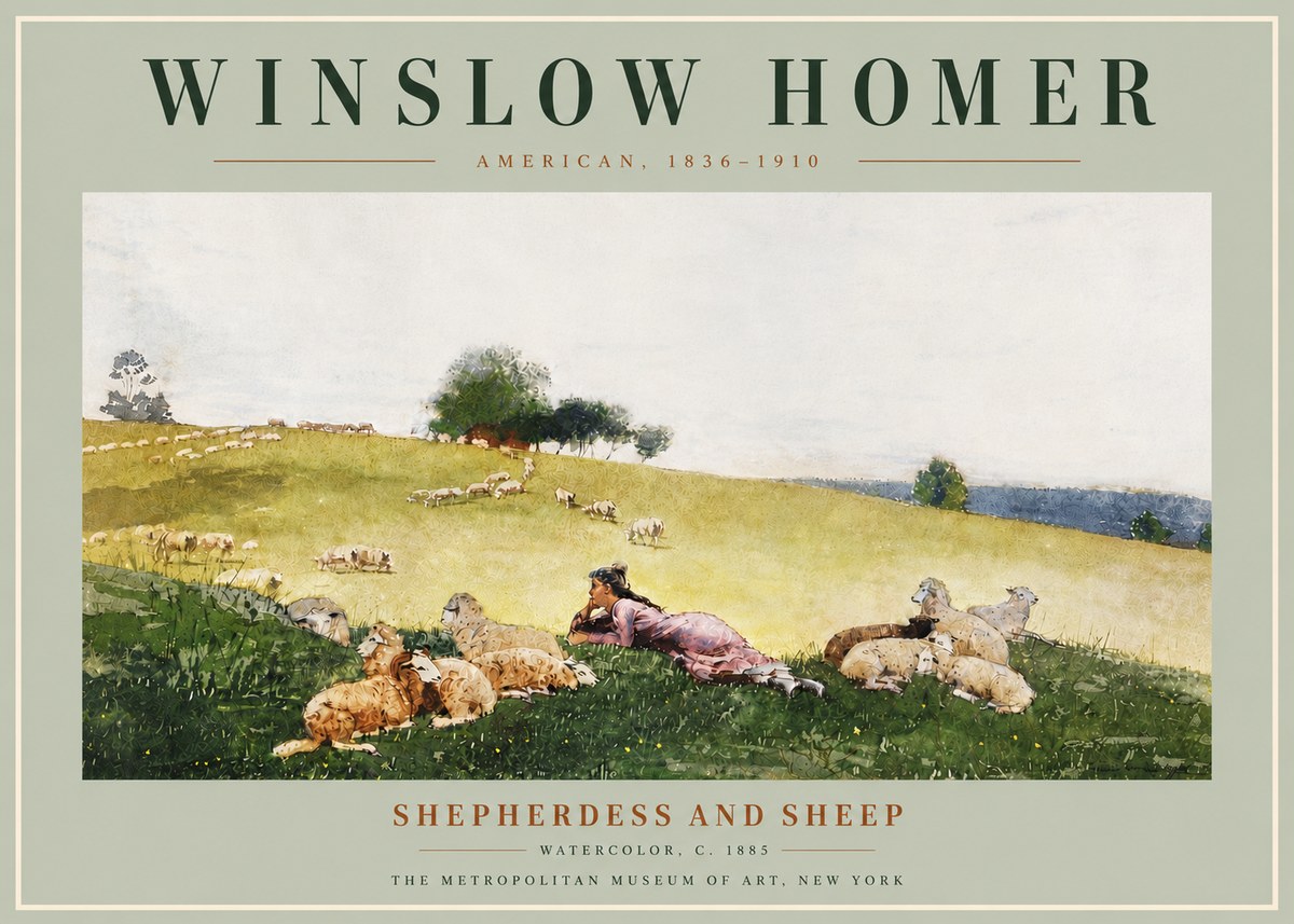 Winslow Homer Shepherdess and Sheep No6 - Póster