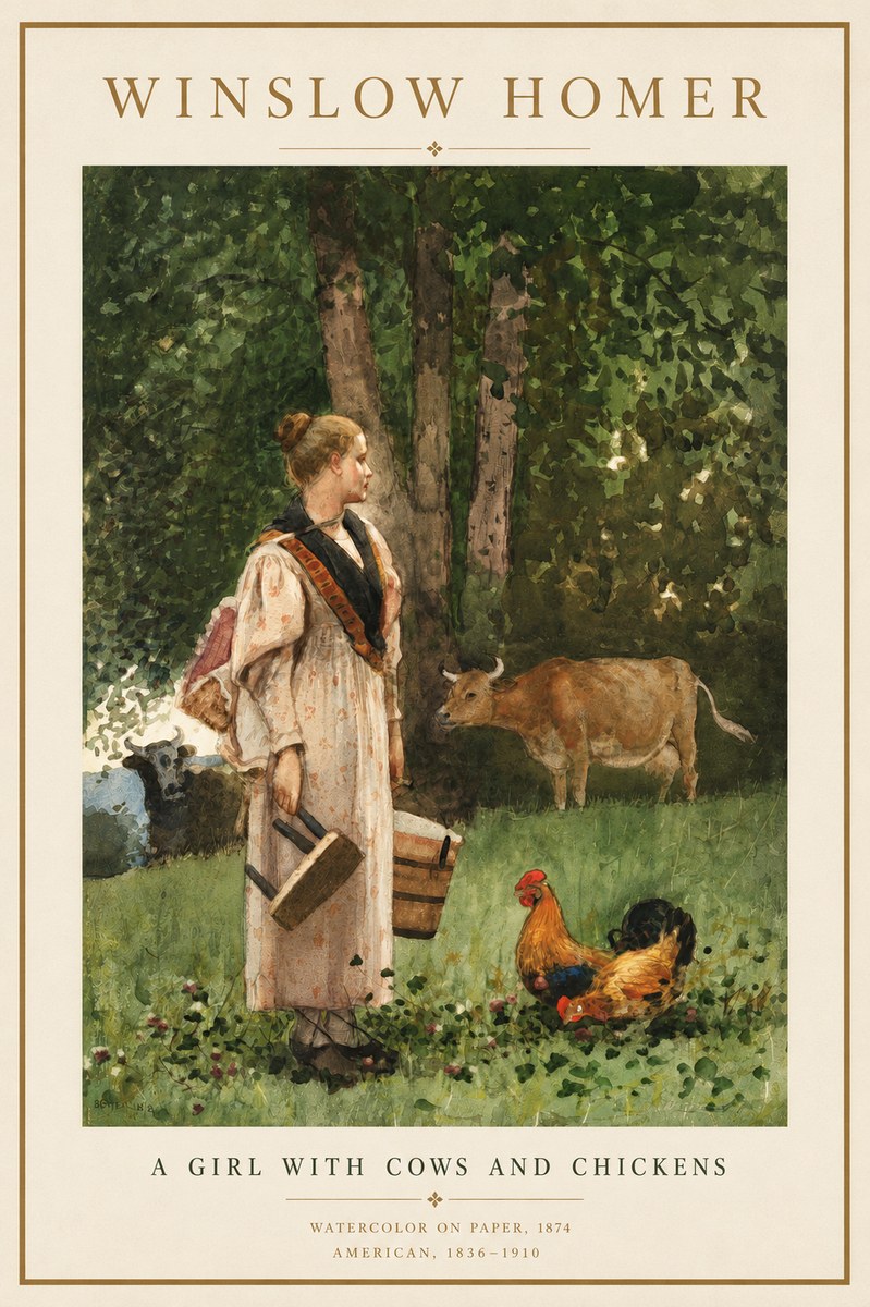Winslow Homer A Girl with Cows and Chickens No4 - Póster