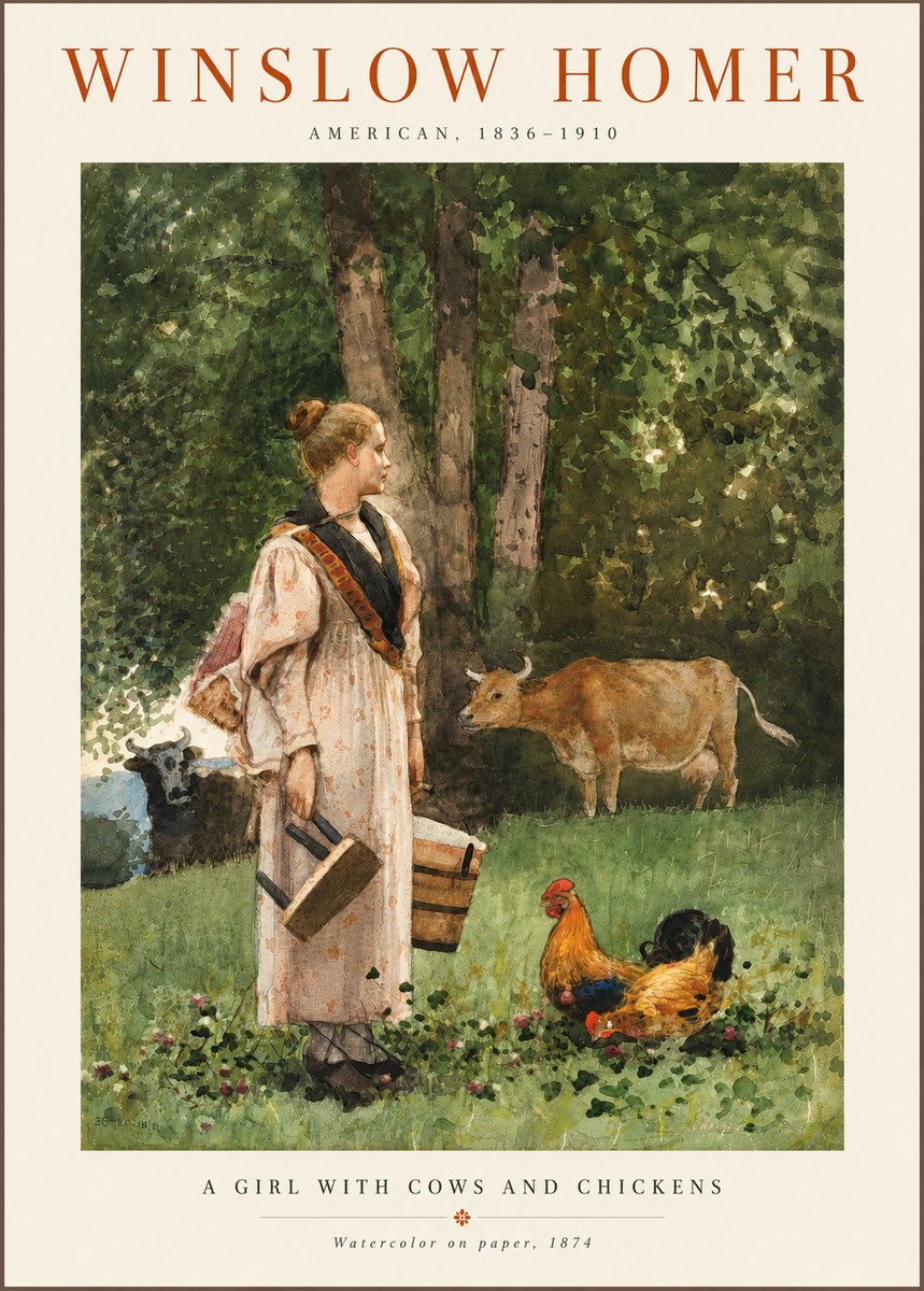 Winslow Homer A Girl with Cows and Chickens No6 - Póster