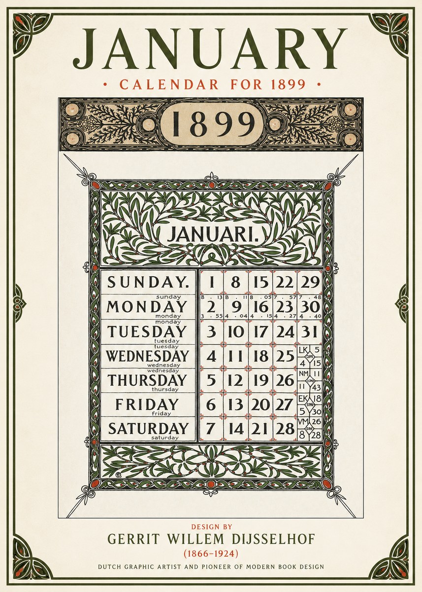 Gerrit Willem Dijsselhof January. Calendar for 1899. No1 - Póster