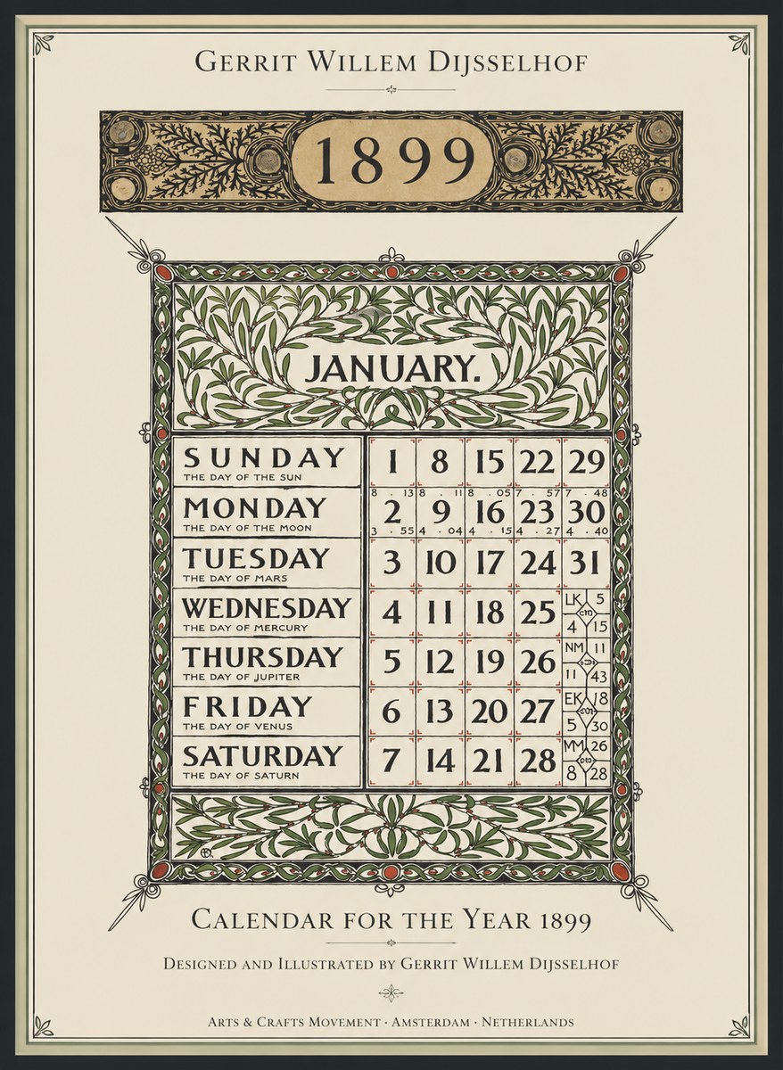 Gerrit Willem Dijsselhof January. Calendar for 1899. No2 - Póster