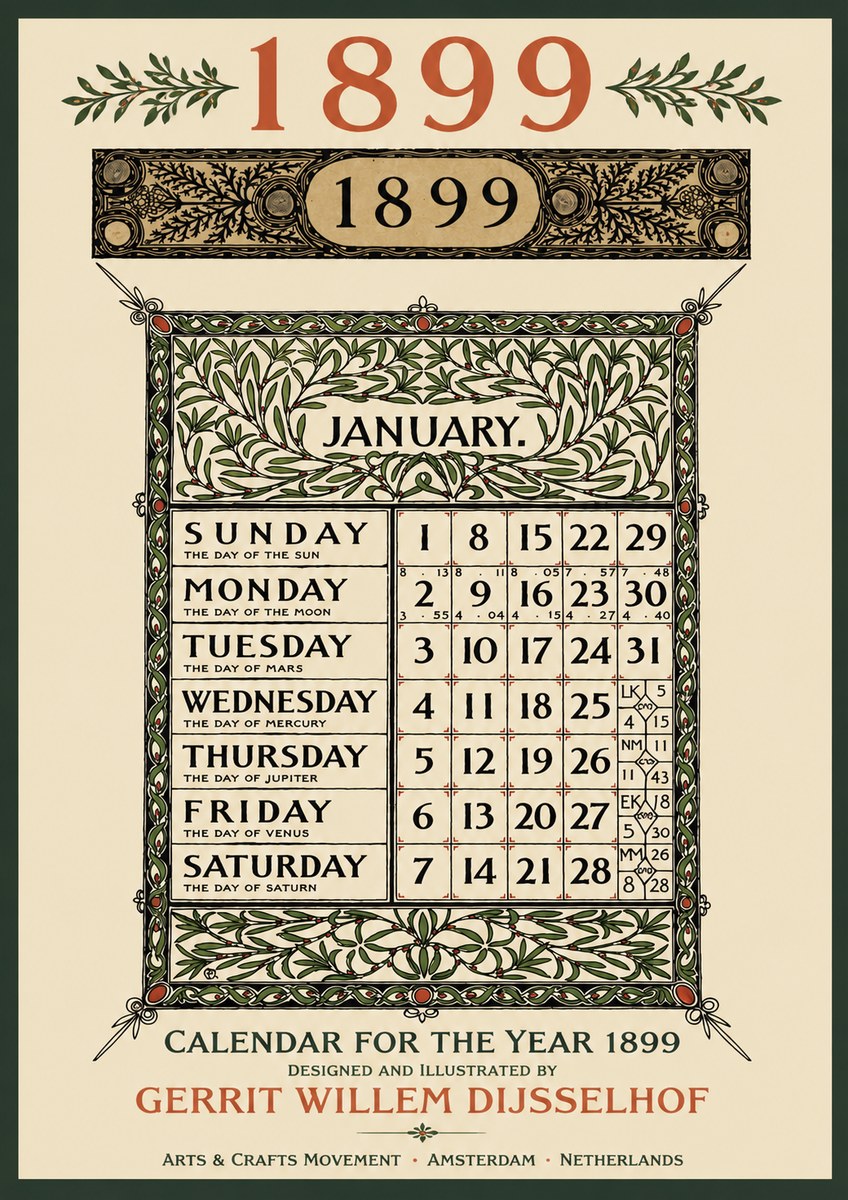 Gerrit Willem Dijsselhof January. Calendar for 1899. No3 - Póster