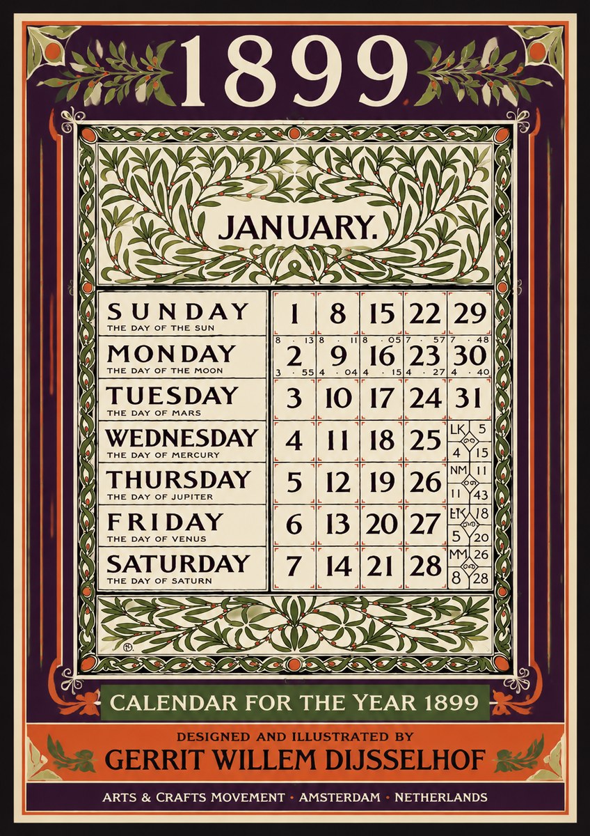 Gerrit Willem Dijsselhof January. Calendar for 1899. No4 - Póster