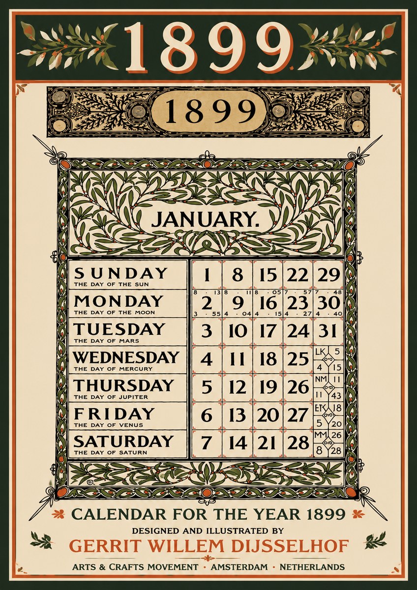 Gerrit Willem Dijsselhof January. Calendar for 1899. No5 - Póster