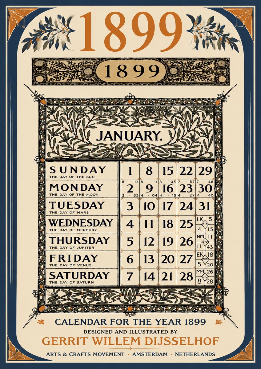Gerrit Willem Dijsselhof January. Calendar for 1899. No6 - Póster