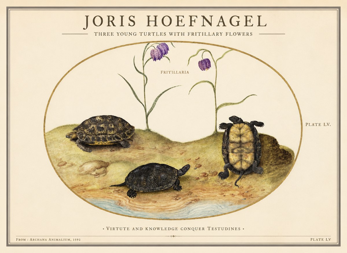 Joris Hoefnagel Three Young Turtles with Fritillary Flowers No1 - Póster
