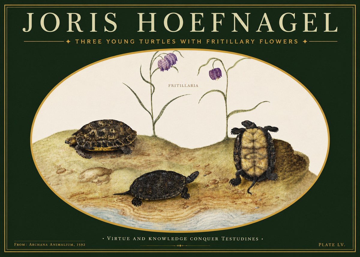 Joris Hoefnagel Three Young Turtles with Fritillary Flowers No3 - Póster