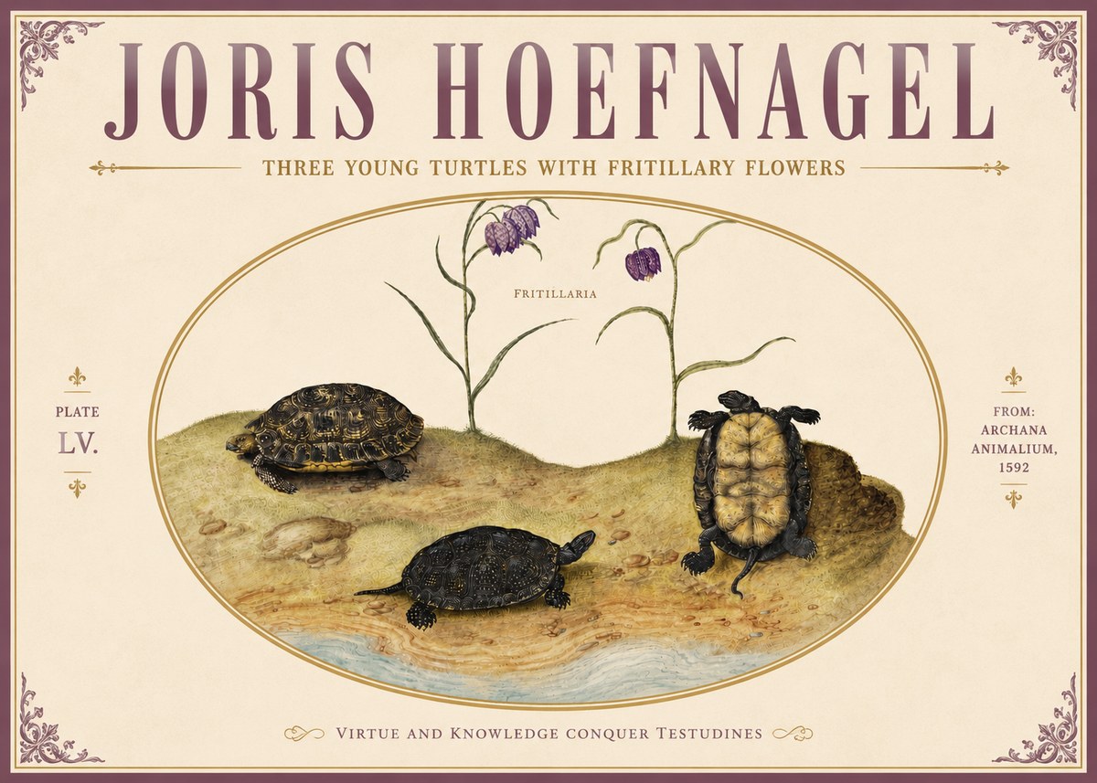 Joris Hoefnagel Three Young Turtles with Fritillary Flowers No5 - Póster