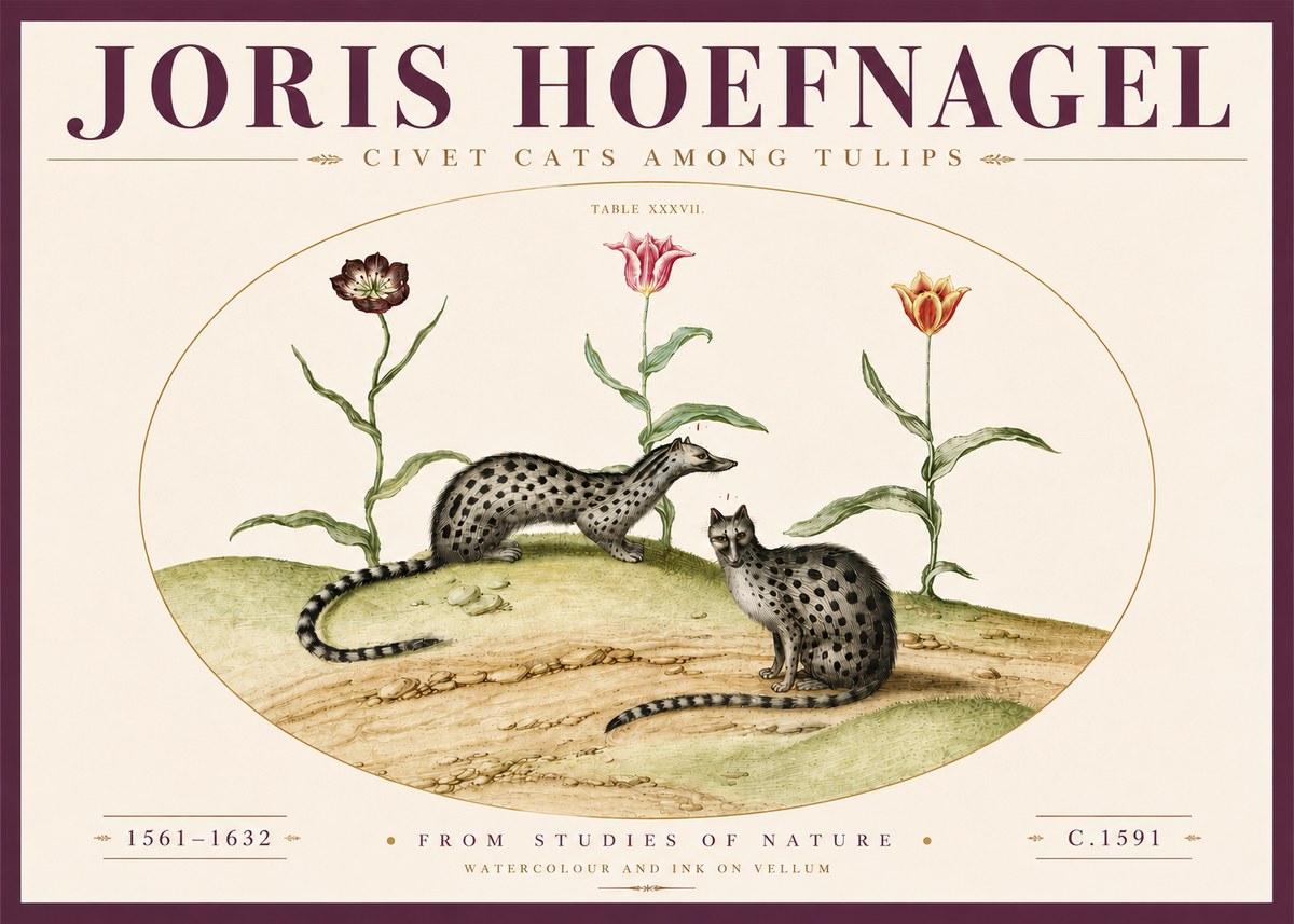 Joris Hoefnagel Civet Cats Among Tulips No4 - Póster