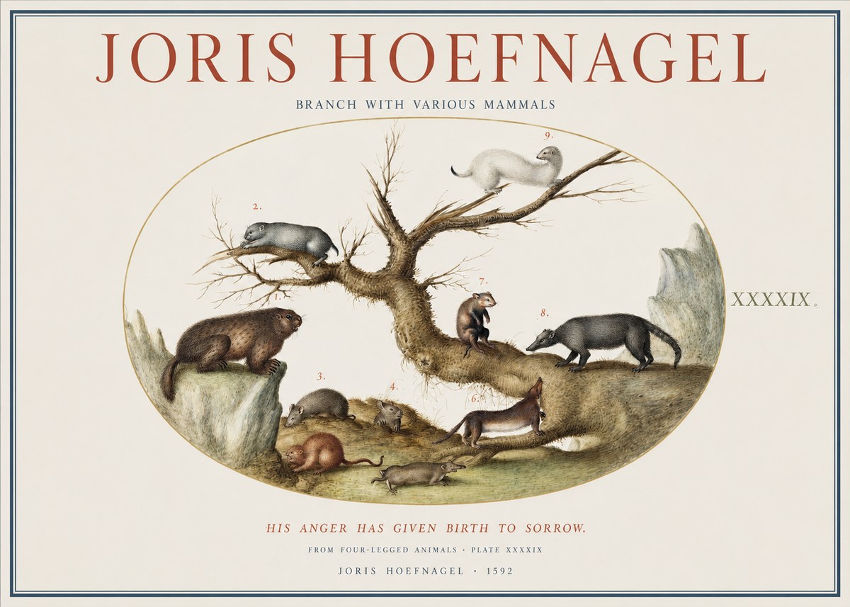 Joris Hoefnagel Branch with Various Mammals No1 - Póster