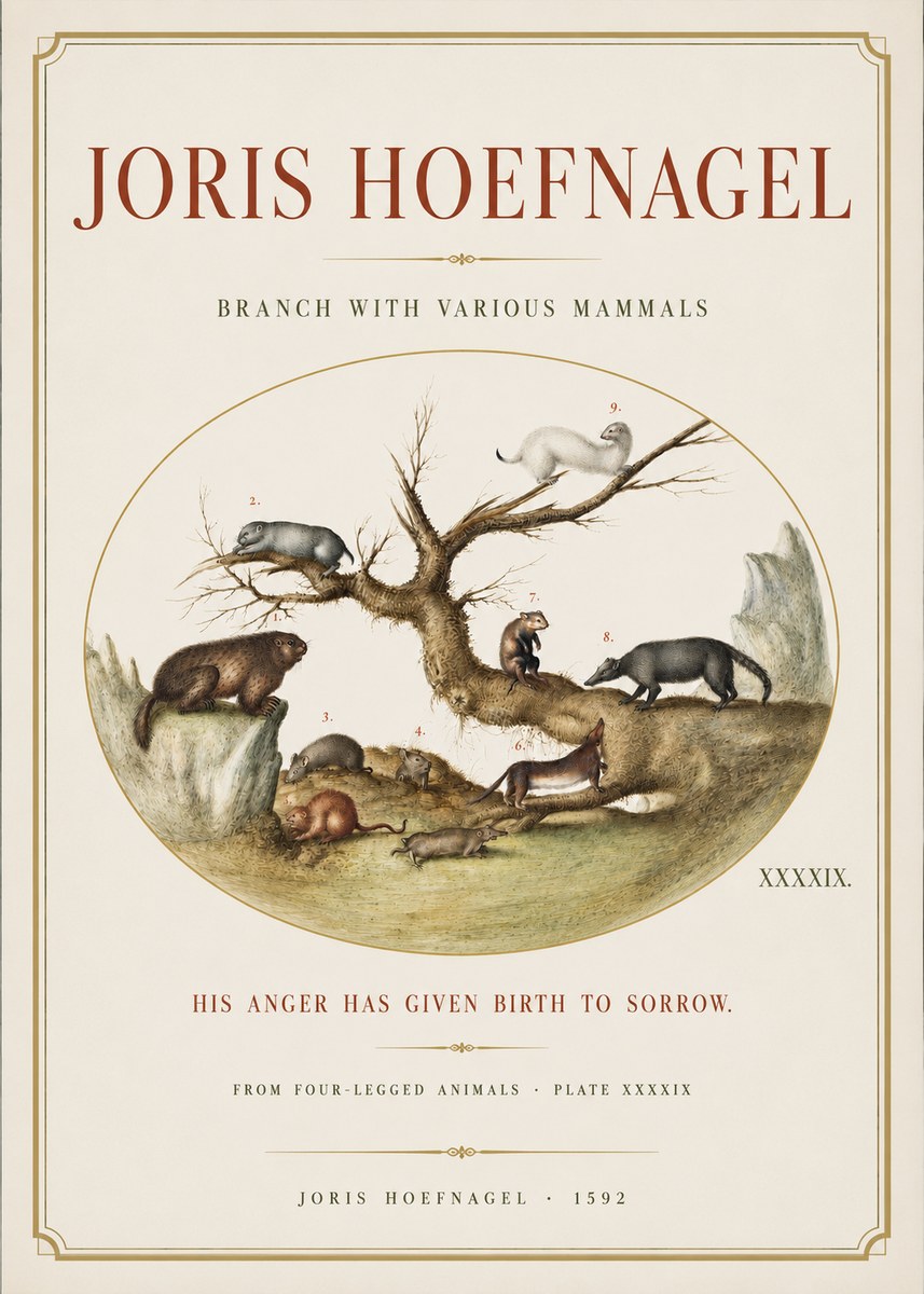 Joris Hoefnagel Branch with Various Mammals No3 - Póster