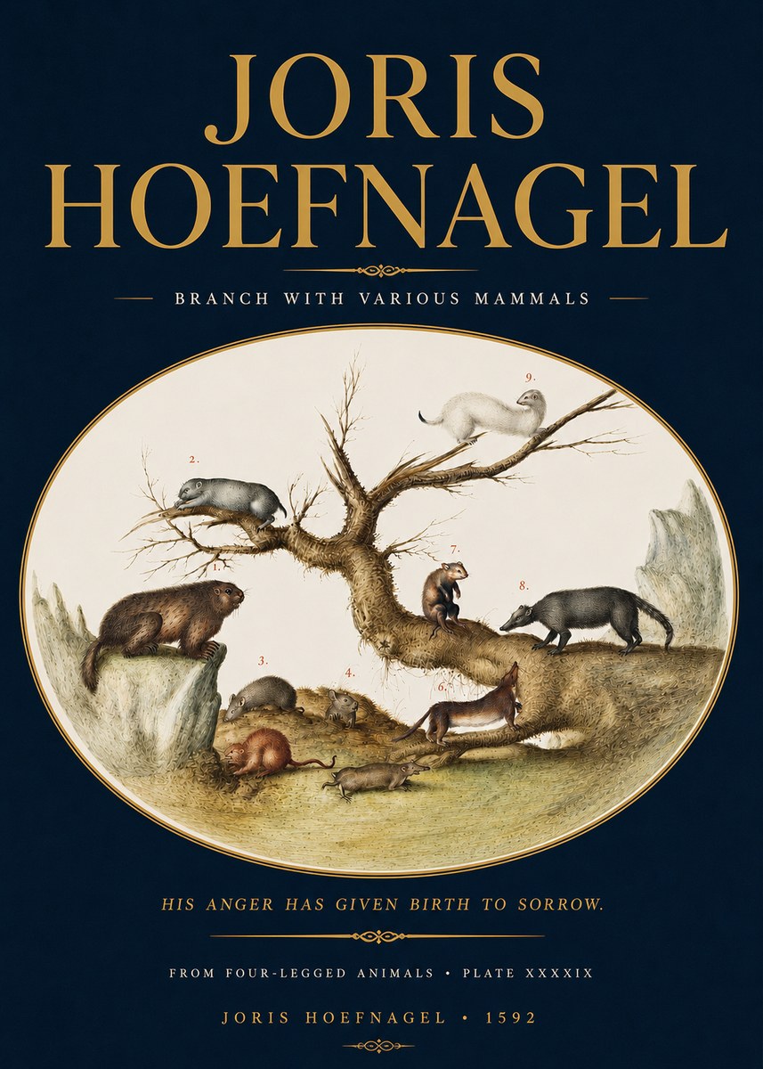 Joris Hoefnagel Branch with Various Mammals No4 - Póster