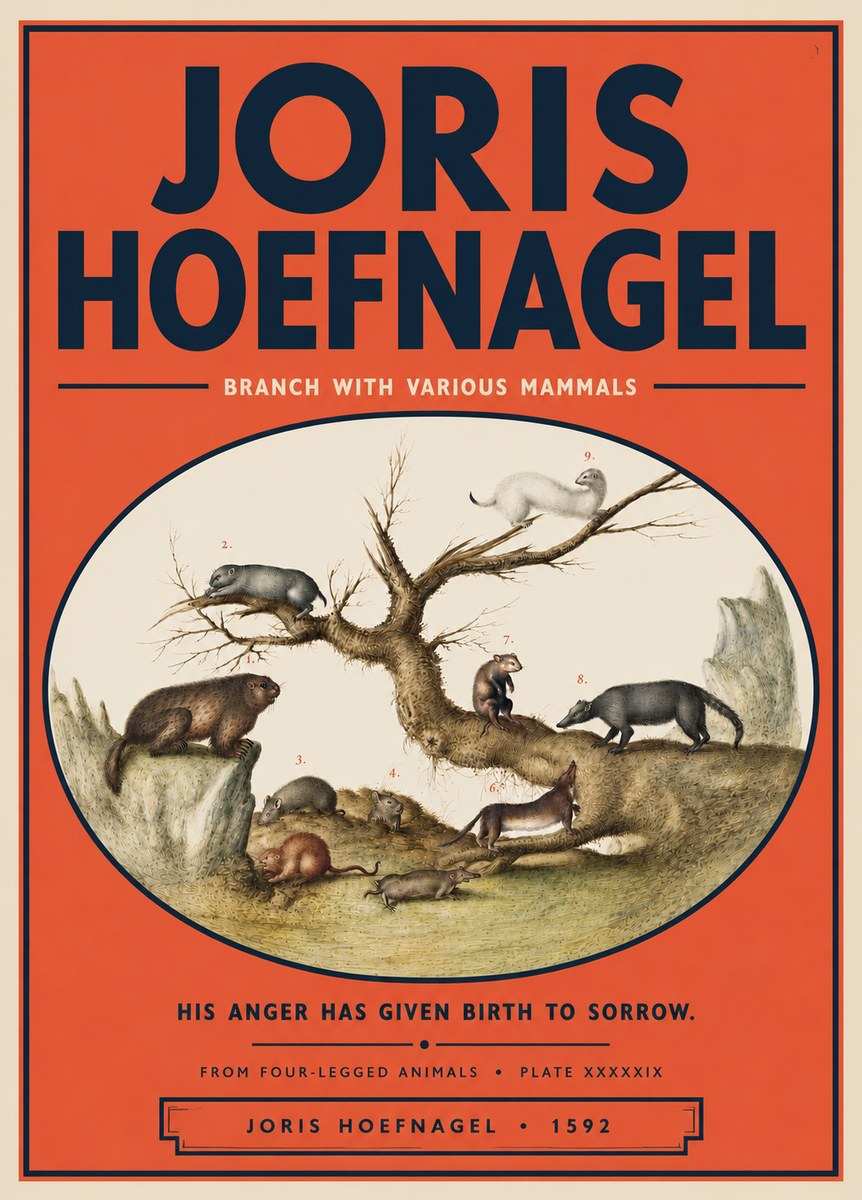 Joris Hoefnagel Branch with Various Mammals No5 - Póster