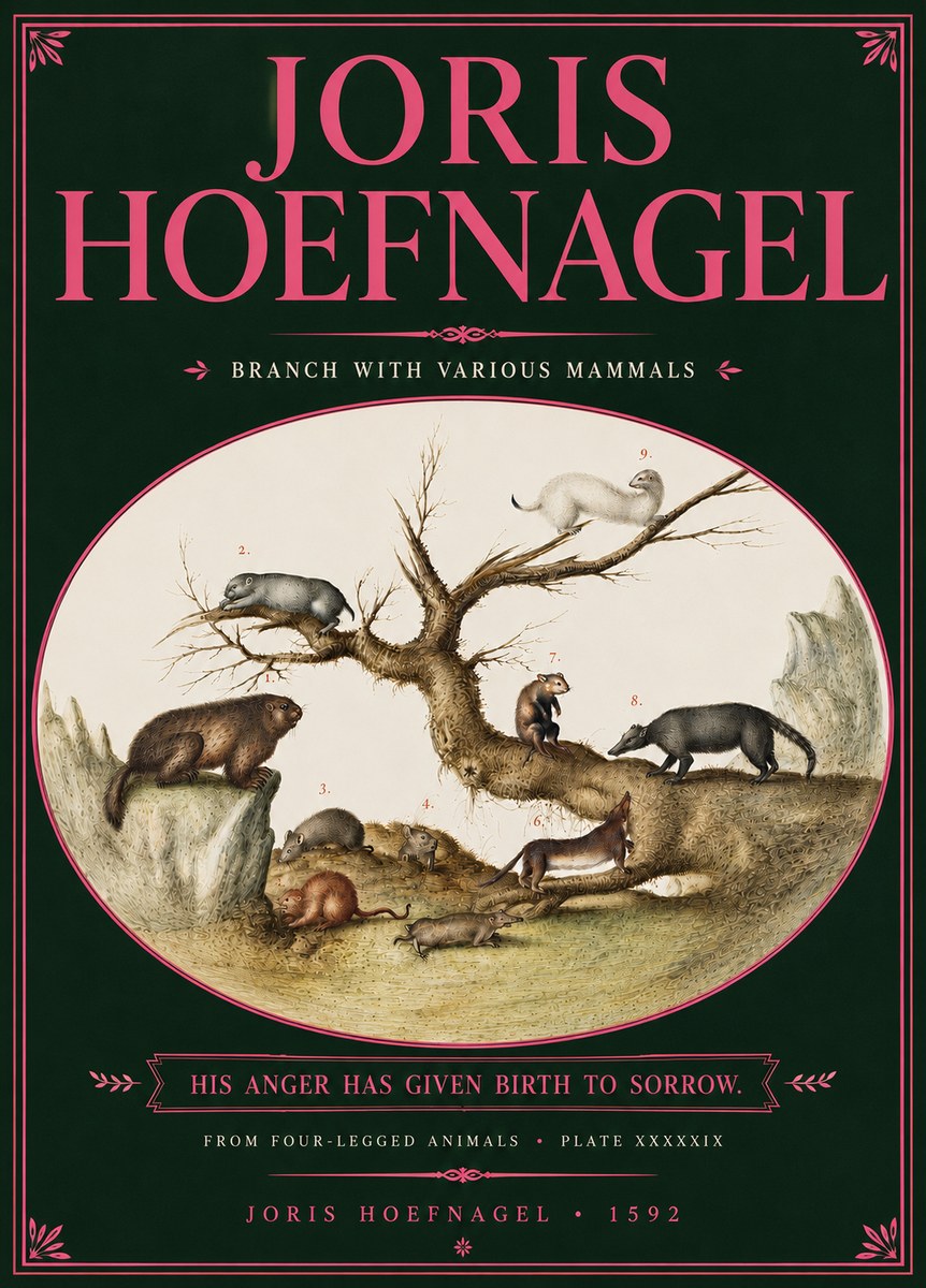 Joris Hoefnagel Branch with Various Mammals No6 - Póster