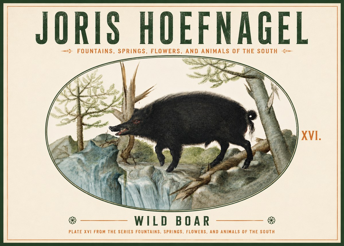 Joris Hoefnagel Fountains, Springs, Flowers, and Animals of the South - Plate Xvi No4 - Póster