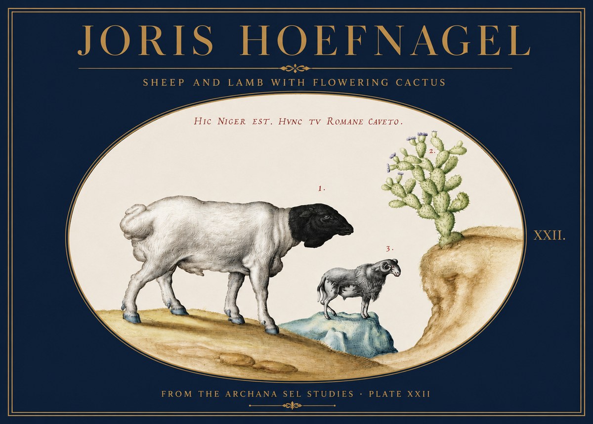 Joris Hoefnagel Sheep and Lamb with Flowering Cactus No3 - Póster