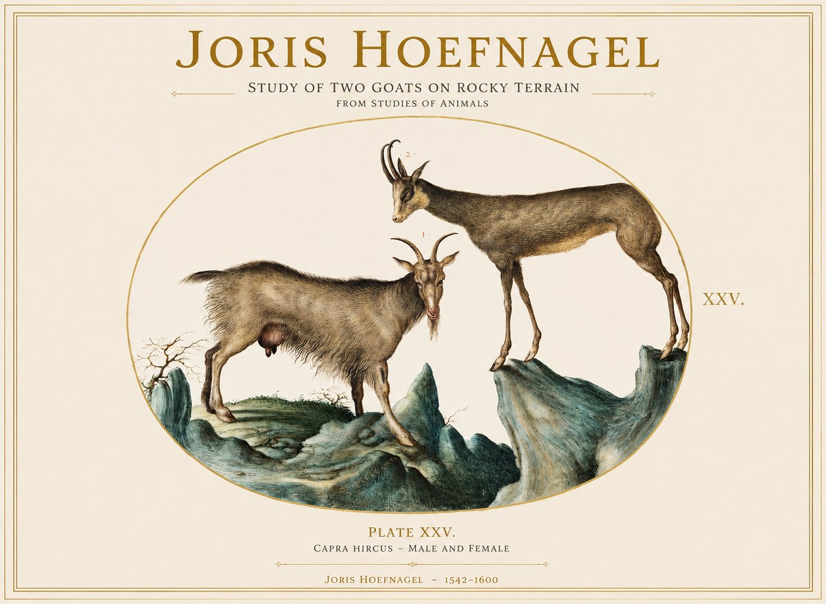 Joris Hoefnagel Study of Two Goats on Rocky Terrain No1 - Póster