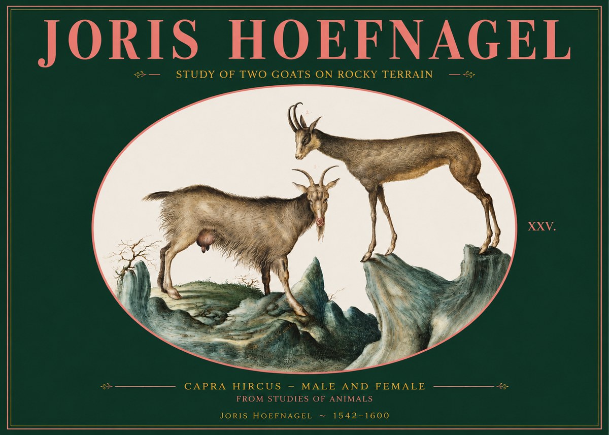 Joris Hoefnagel Study of Two Goats on Rocky Terrain No2 - Póster