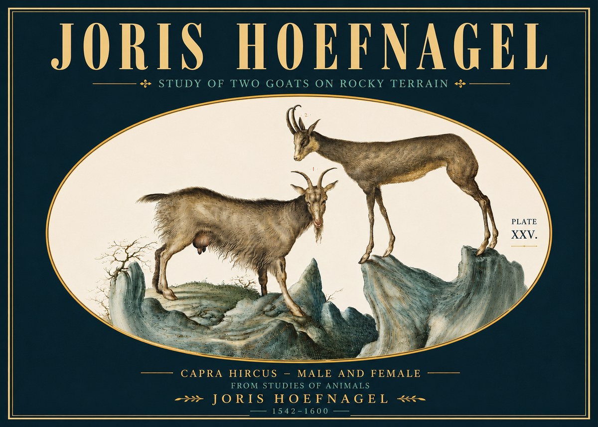 Joris Hoefnagel Study of Two Goats on Rocky Terrain No5 - Póster
