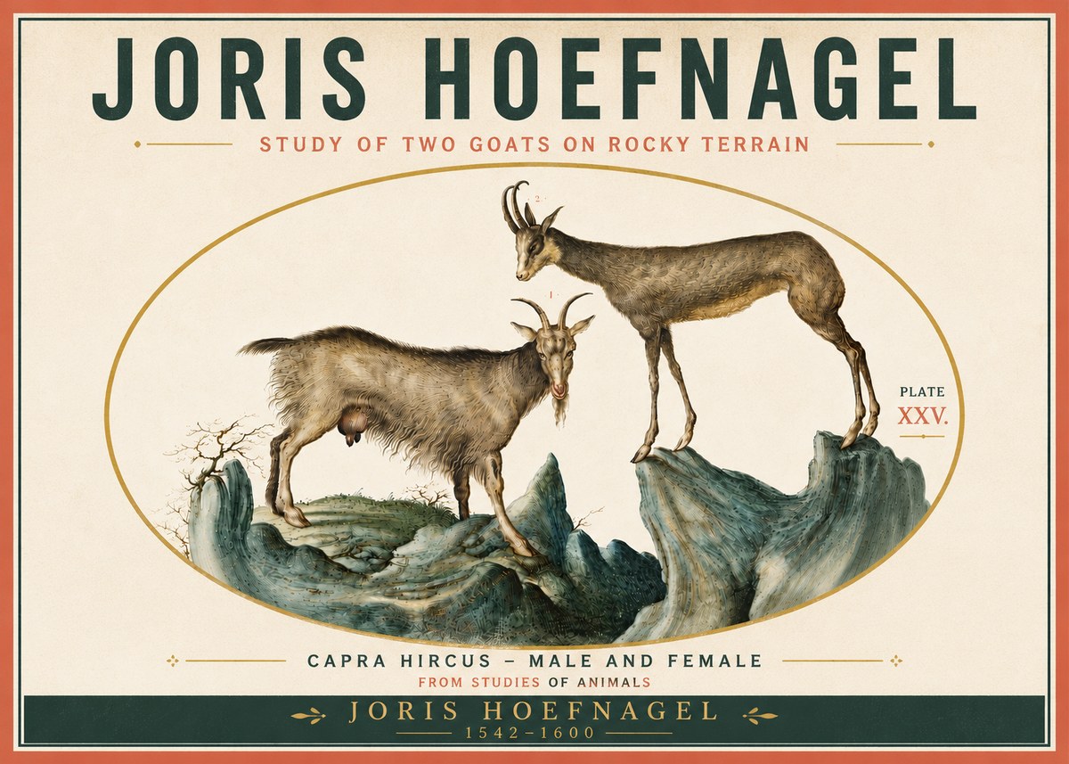 Joris Hoefnagel Study of Two Goats on Rocky Terrain No6 - Póster