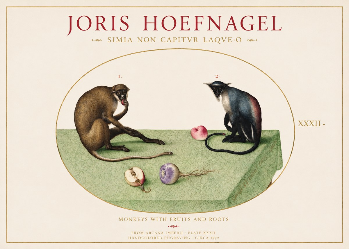 Joris Hoefnagel Monkeys with Fruits and Roots No1 - Póster