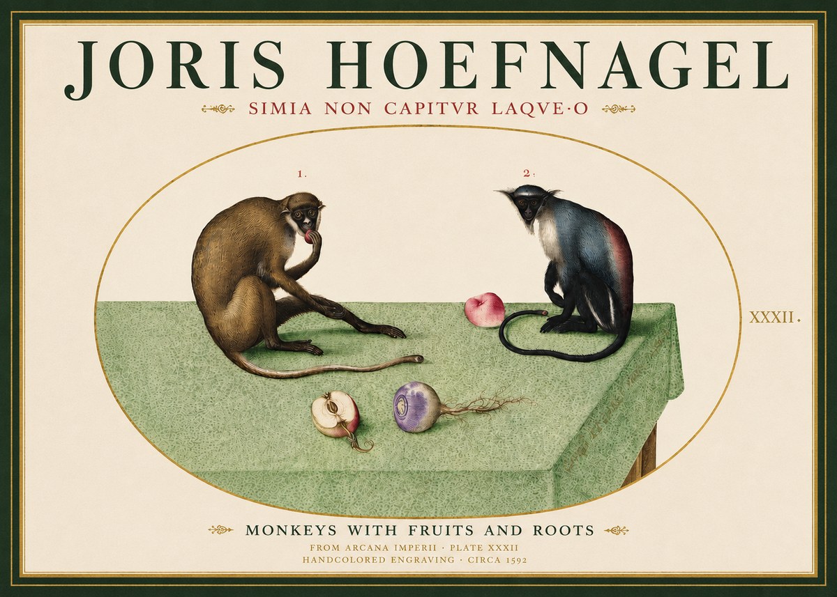 Joris Hoefnagel Monkeys with Fruits and Roots No3 - Póster