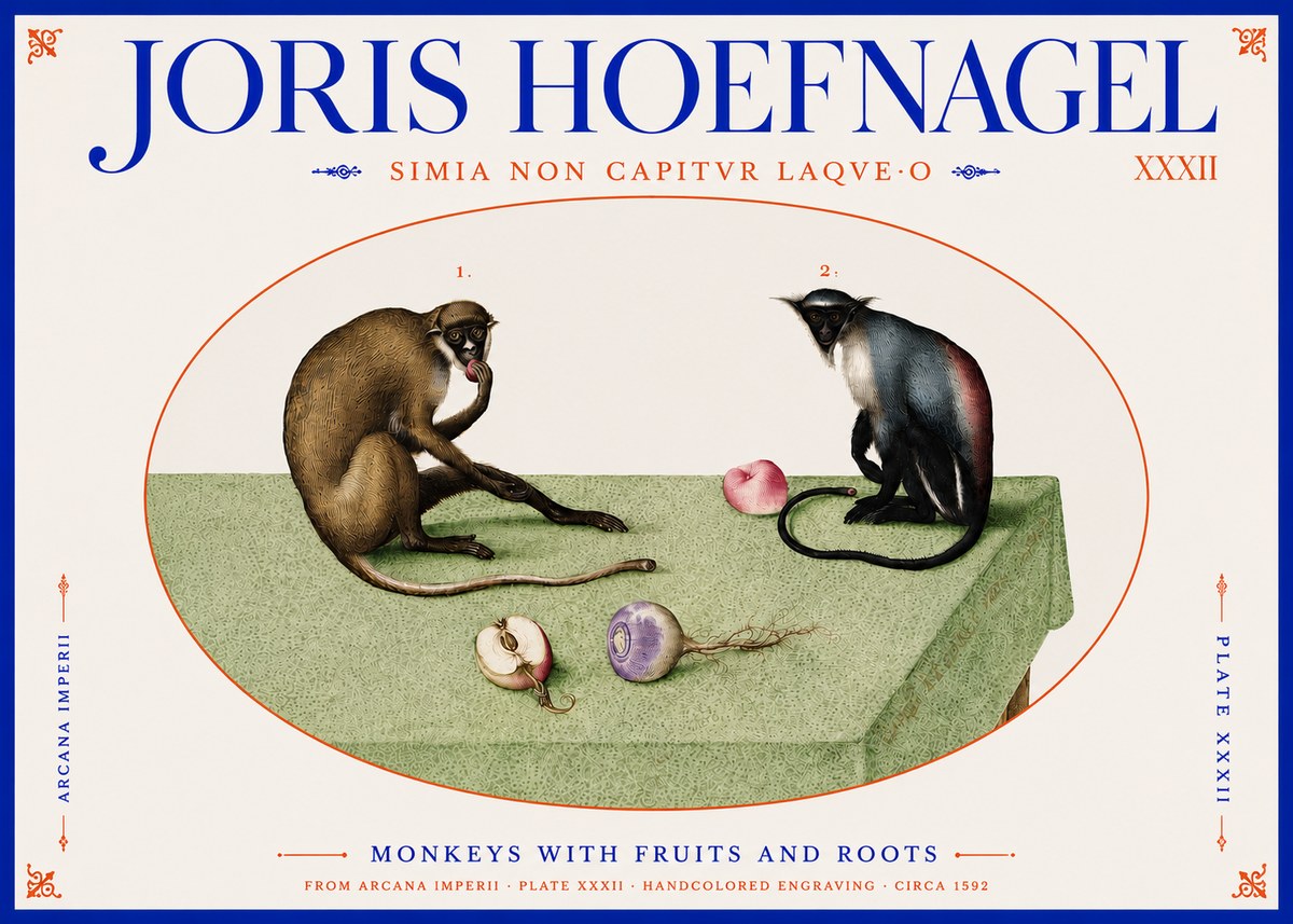 Joris Hoefnagel Monkeys with Fruits and Roots No4 - Póster