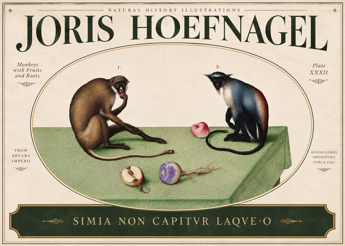 Joris Hoefnagel Monkeys with Fruits and Roots No5 - Póster