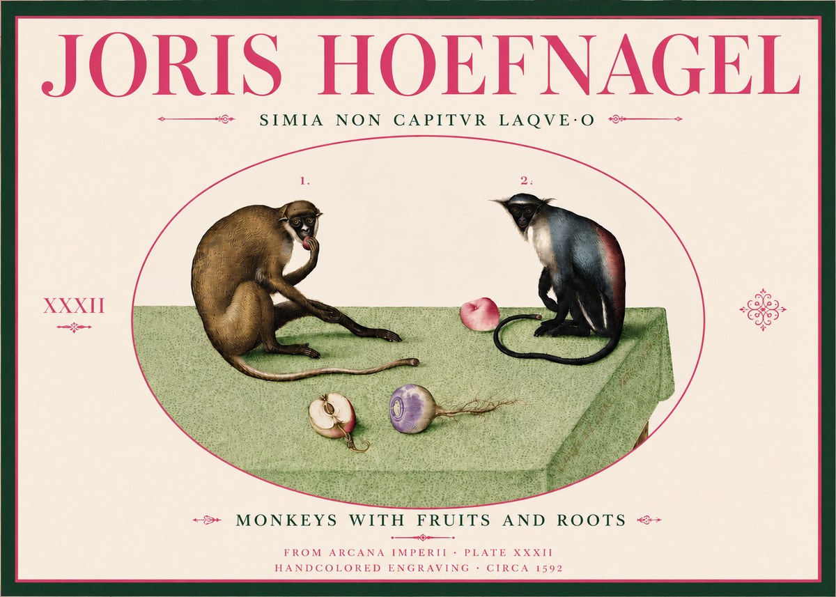Joris Hoefnagel Monkeys with Fruits and Roots No6 - Póster