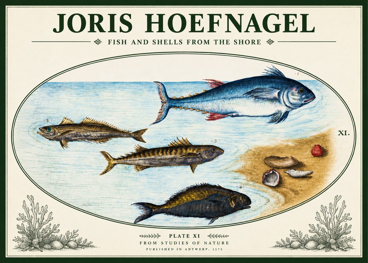 Joris Hoefnagel Fish and Shells from the Shore No3 - Póster