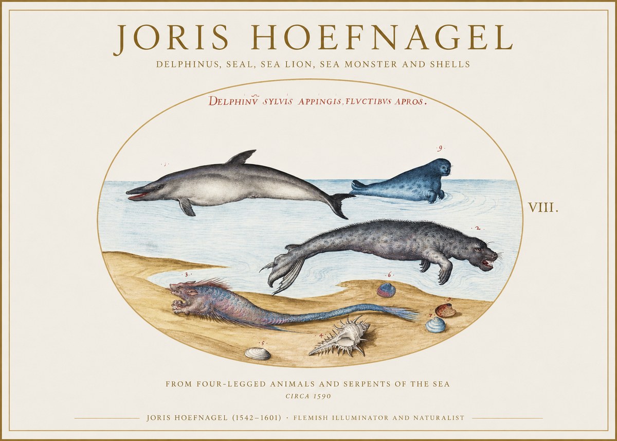 Joris Hoefnagel Delphinus, Seal, Sea Lion, Sea Monster and Shells No1 - Póster