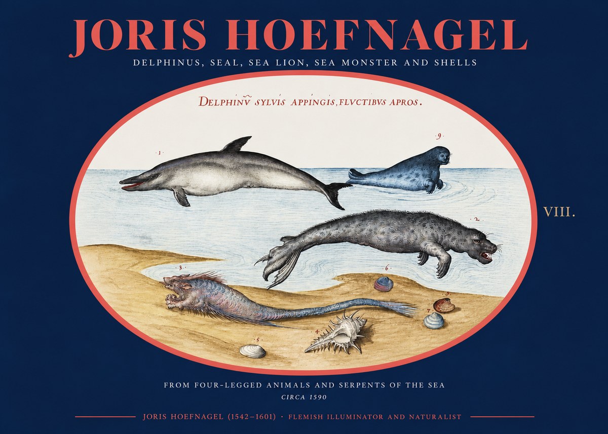 Joris Hoefnagel Delphinus, Seal, Sea Lion, Sea Monster and Shells No2 - Póster