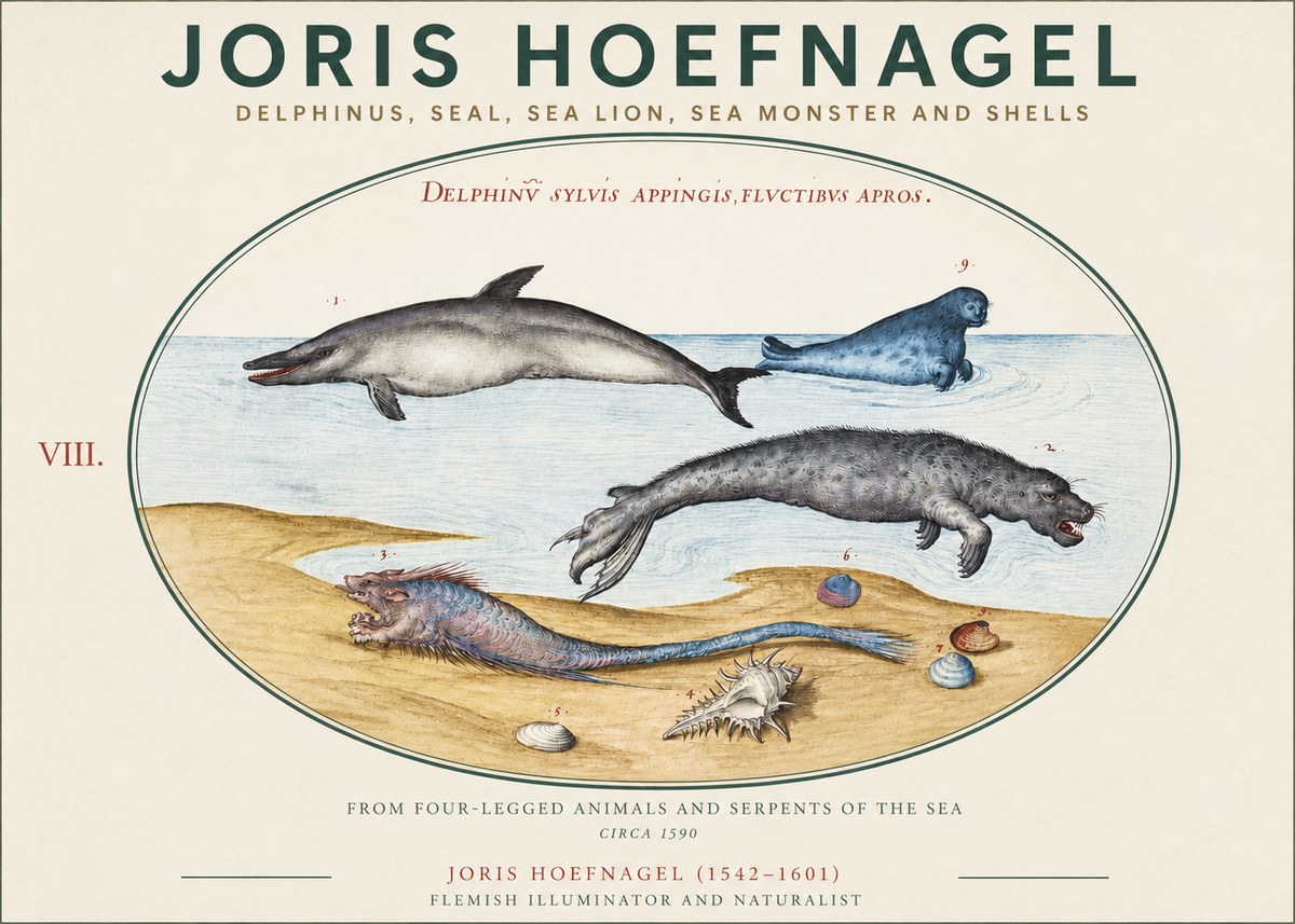 Joris Hoefnagel Delphinus, Seal, Sea Lion, Sea Monster and Shells No3 - Póster
