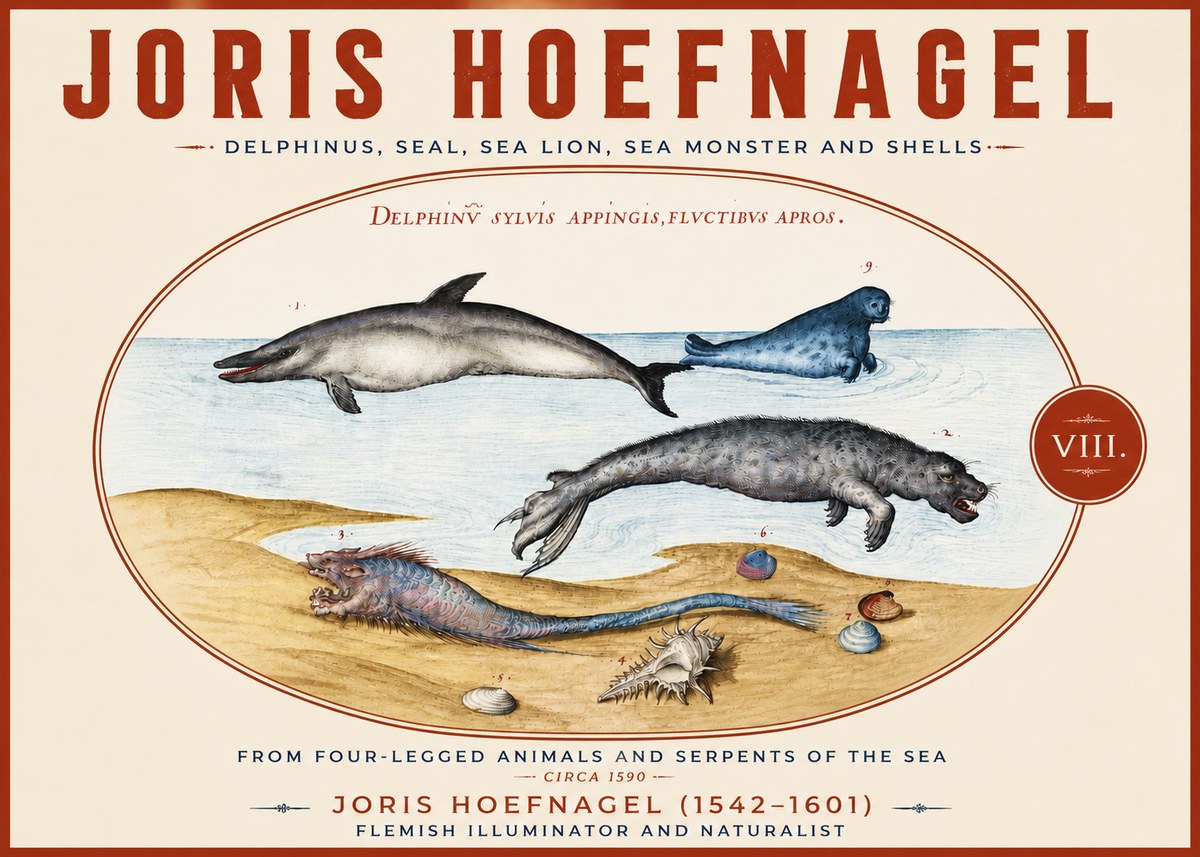 Joris Hoefnagel Delphinus, Seal, Sea Lion, Sea Monster and Shells No5 - Póster