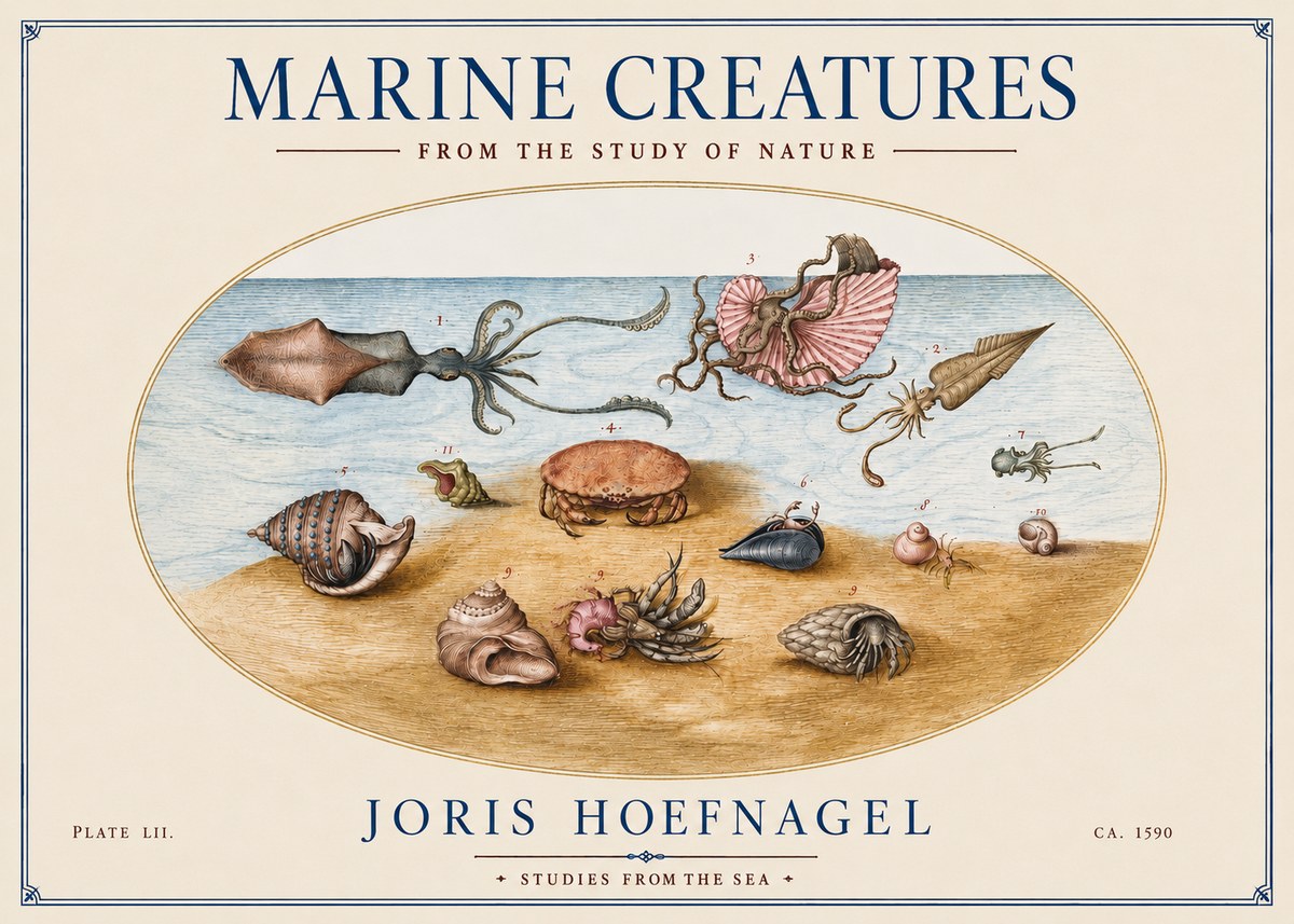 Joris Hoefnagel Marine Creatures - Plate Lii No4 - Póster