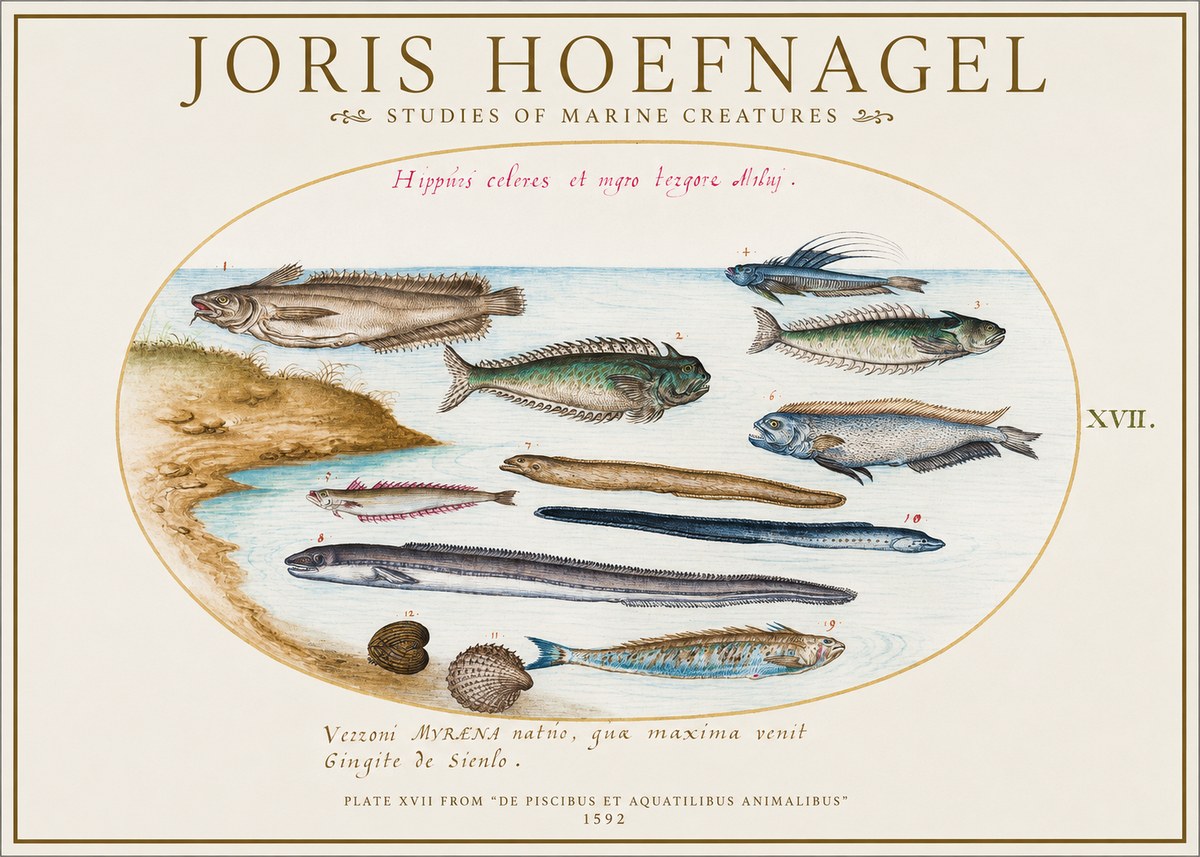Joris Hoefnagel Plate Xvii from "De Piscibus Et Aquatilibus Animalibus" No1 - Póster