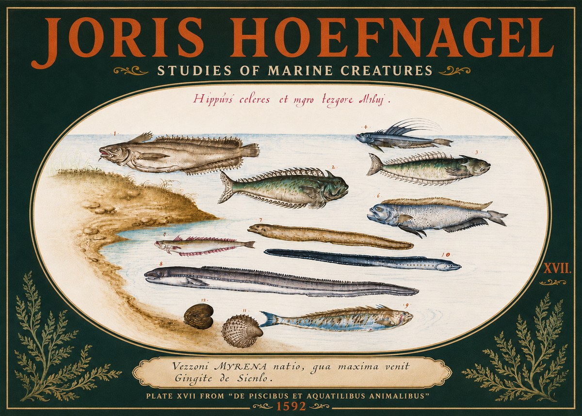 Joris Hoefnagel Plate Xvii from "De Piscibus Et Aquatilibus Animalibus" No4 - Póster