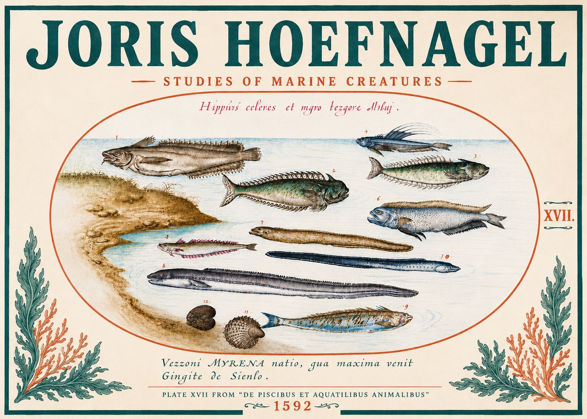Joris Hoefnagel Plate Xvii from "De Piscibus Et Aquatilibus Animalibus" No5 - Póster