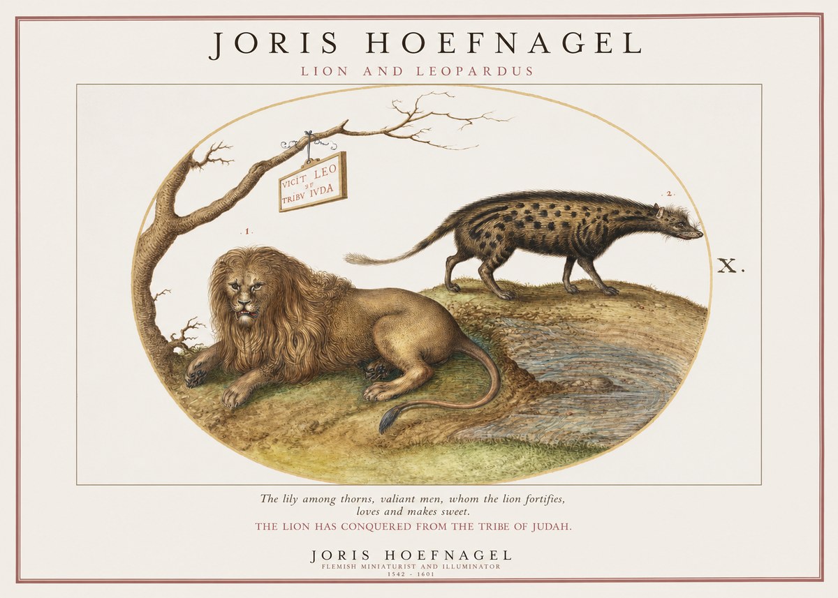 Joris Hoefnagel Lion and Spotted Hyena No2 - Póster