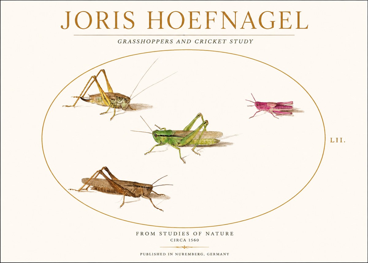 Joris Hoefnagel Three Grasshoppers and a Locust No2 - Póster
