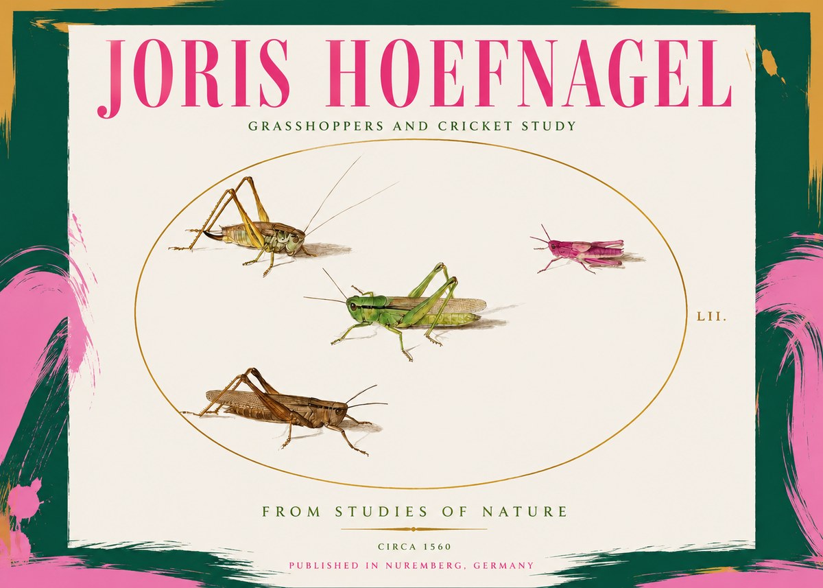 Joris Hoefnagel Three Grasshoppers and a Locust No3 - Póster